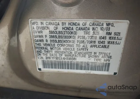 2004 Honda Pilot Ex-L z USA, uszkodzony, nr VIN 2HKYF185X4H516561